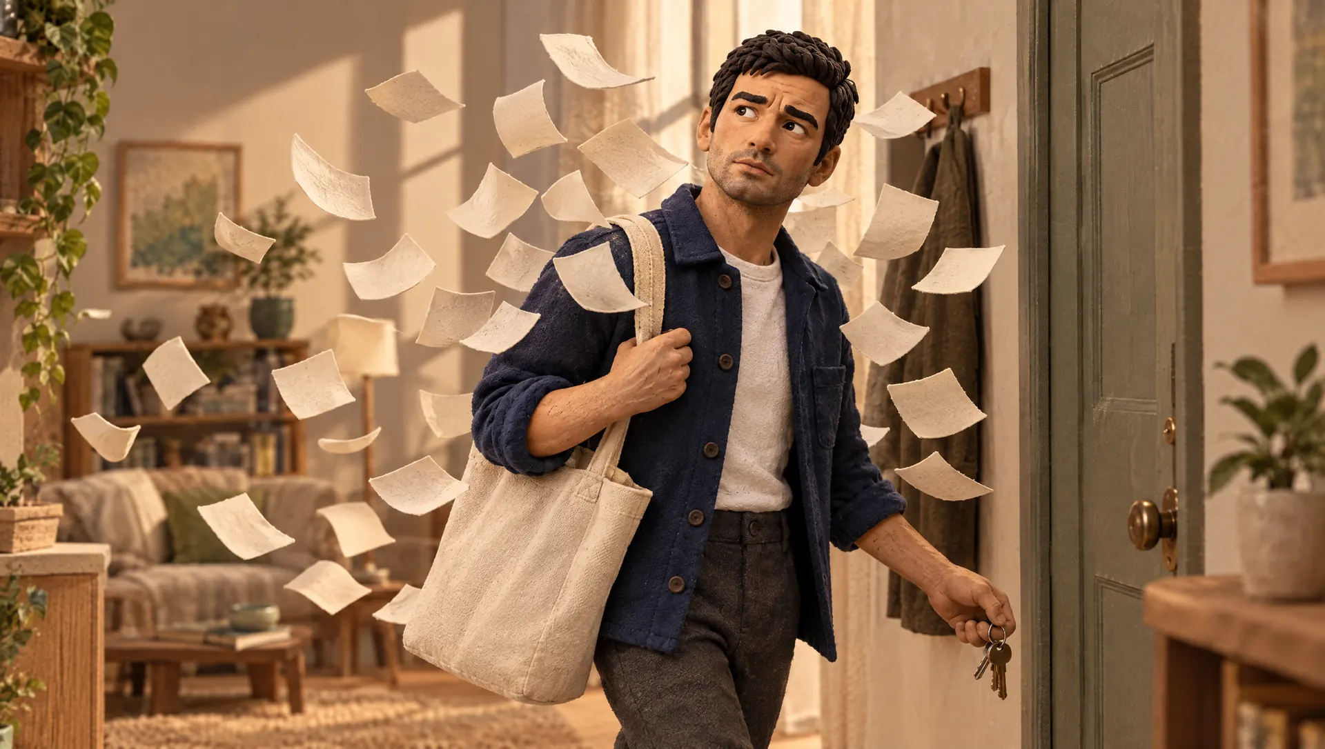 Daniel walks to his front door with a tote bag. Dozens of small blank paper slips float around his head and follow him.