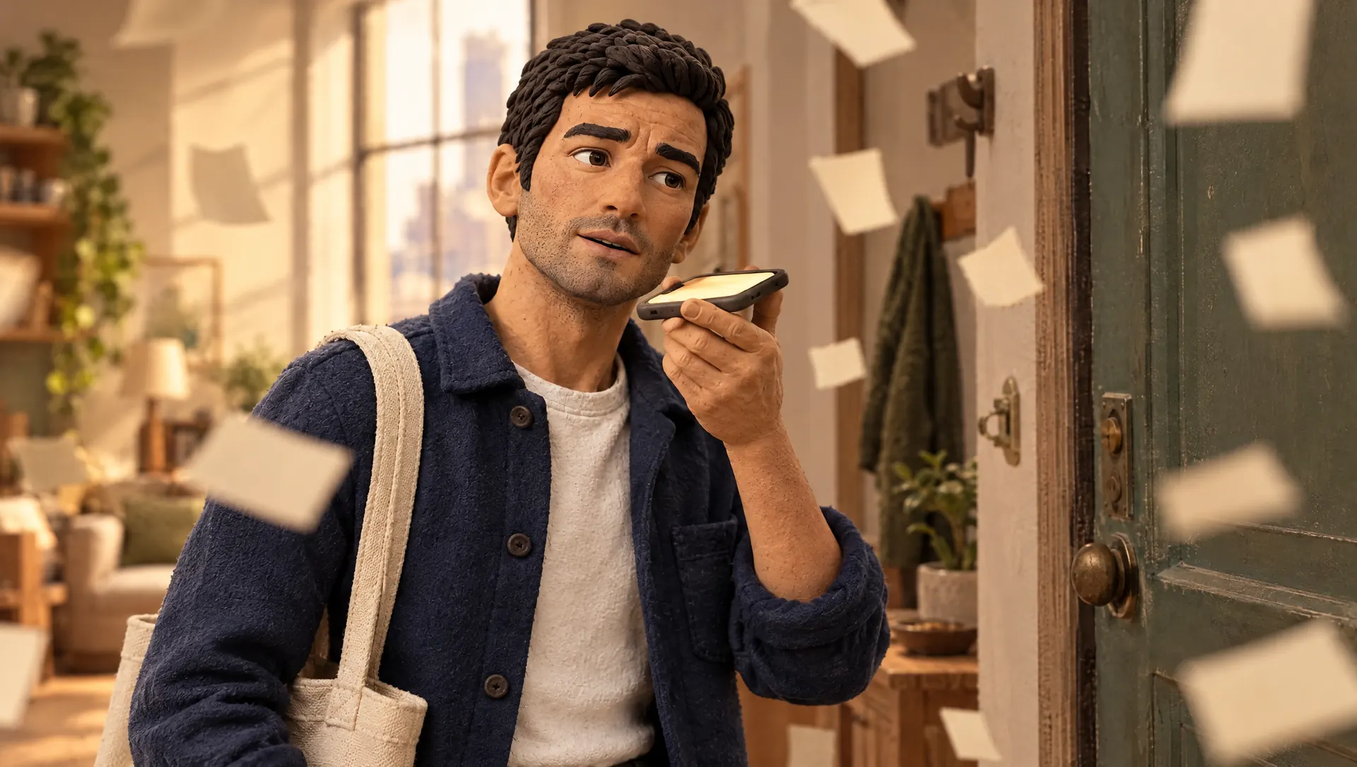 By the door, Daniel raises his phone and speaks into it calmly while the paper slips hang still in the air.