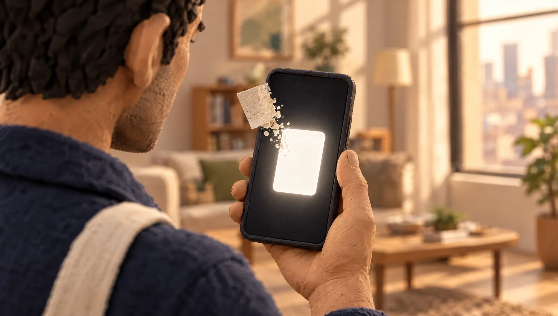 Over Daniel's shoulder: the last paper slip dissolves into his phone, where one plain card glows. The room behind him is clear.