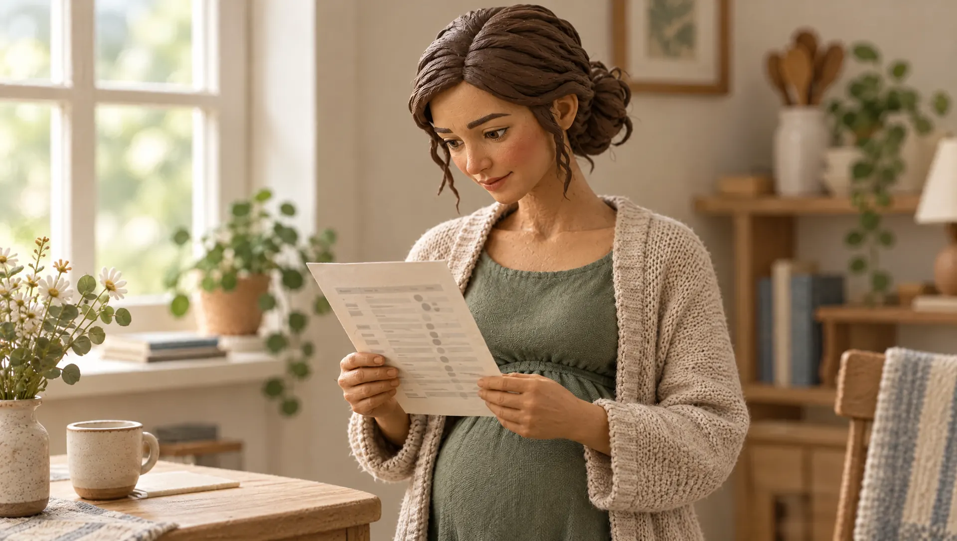 The glowing card fills the frame, becomes a sheet of paper, and the camera pulls back: Emily, a young woman in an oatmeal cardigan, holds a printed schedule in her bright apartment.