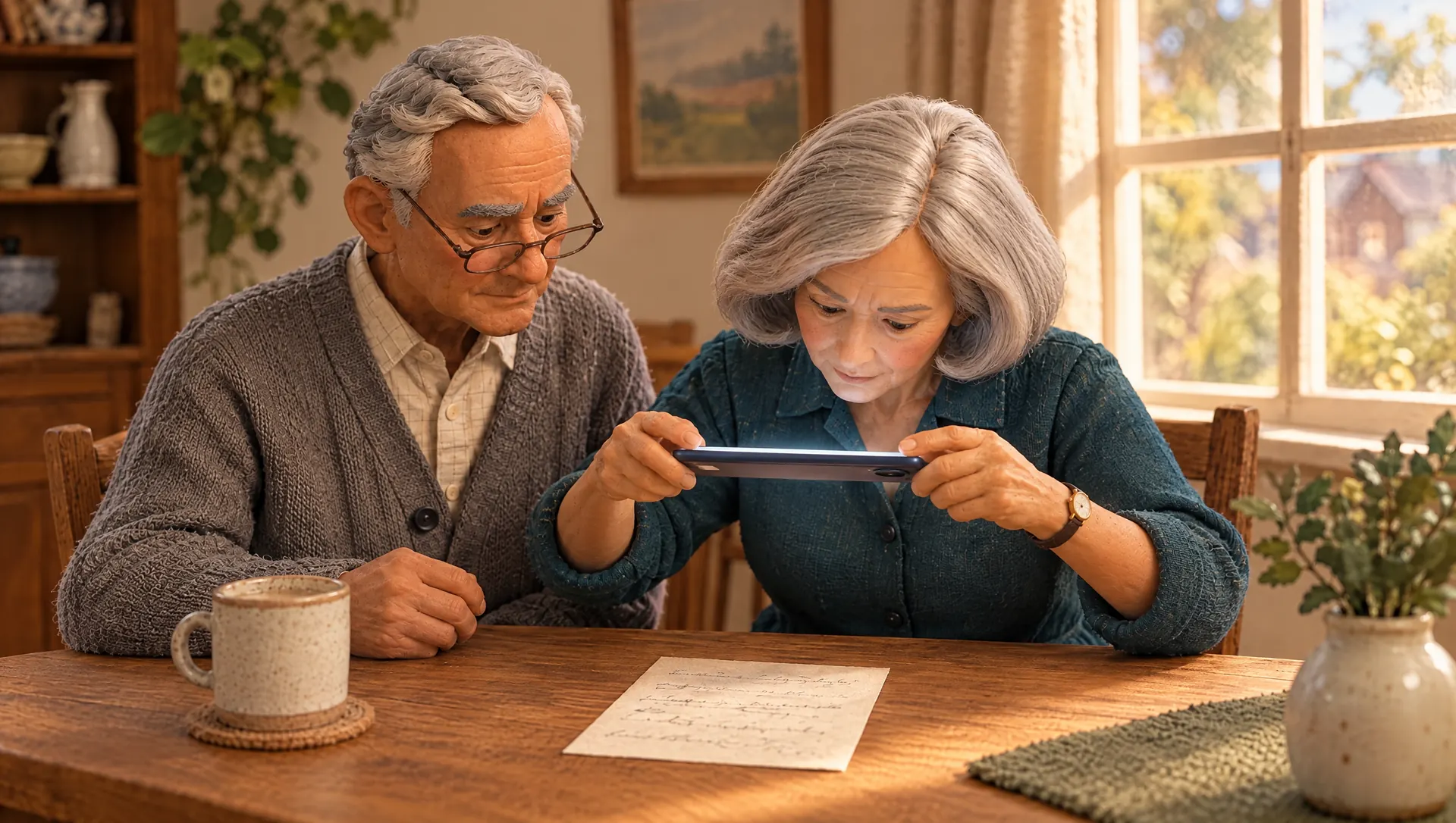 The camera follows a line of ink to a handwritten prescription on a wooden table, where George and Margaret sit. Margaret holds her phone above the page.