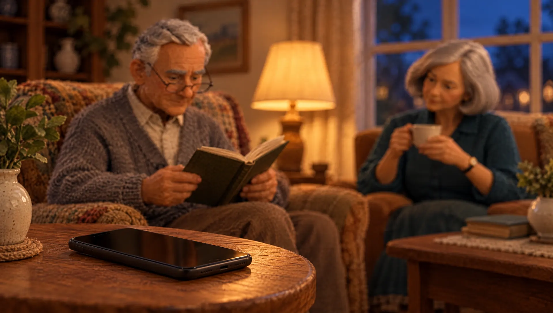Evening. George reads in an armchair, Margaret has tea. In the foreground, a phone lies dark and locked on a side table.