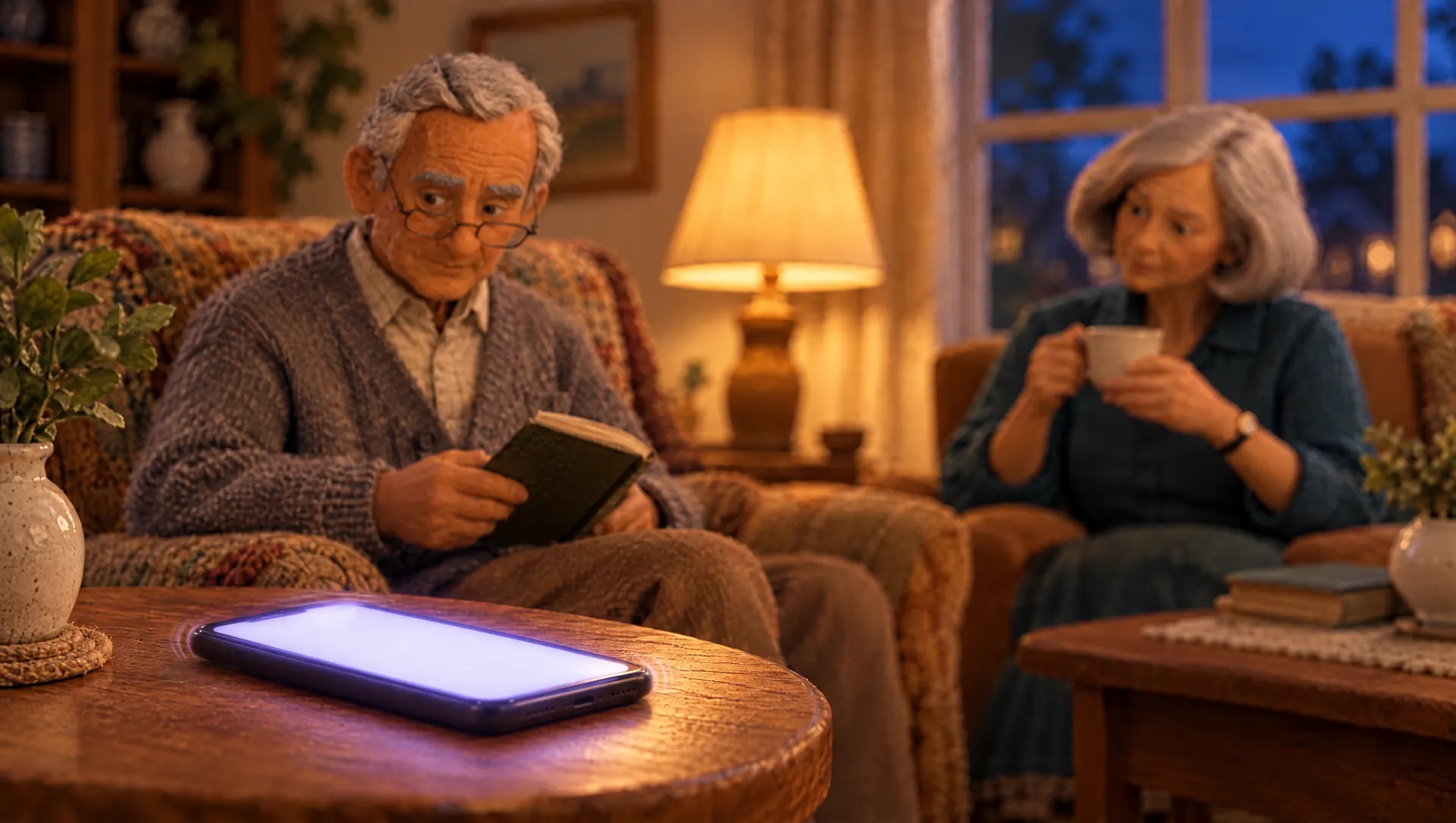 The phone on the side table wakes up, glowing and vibrating. George looks up from his book.