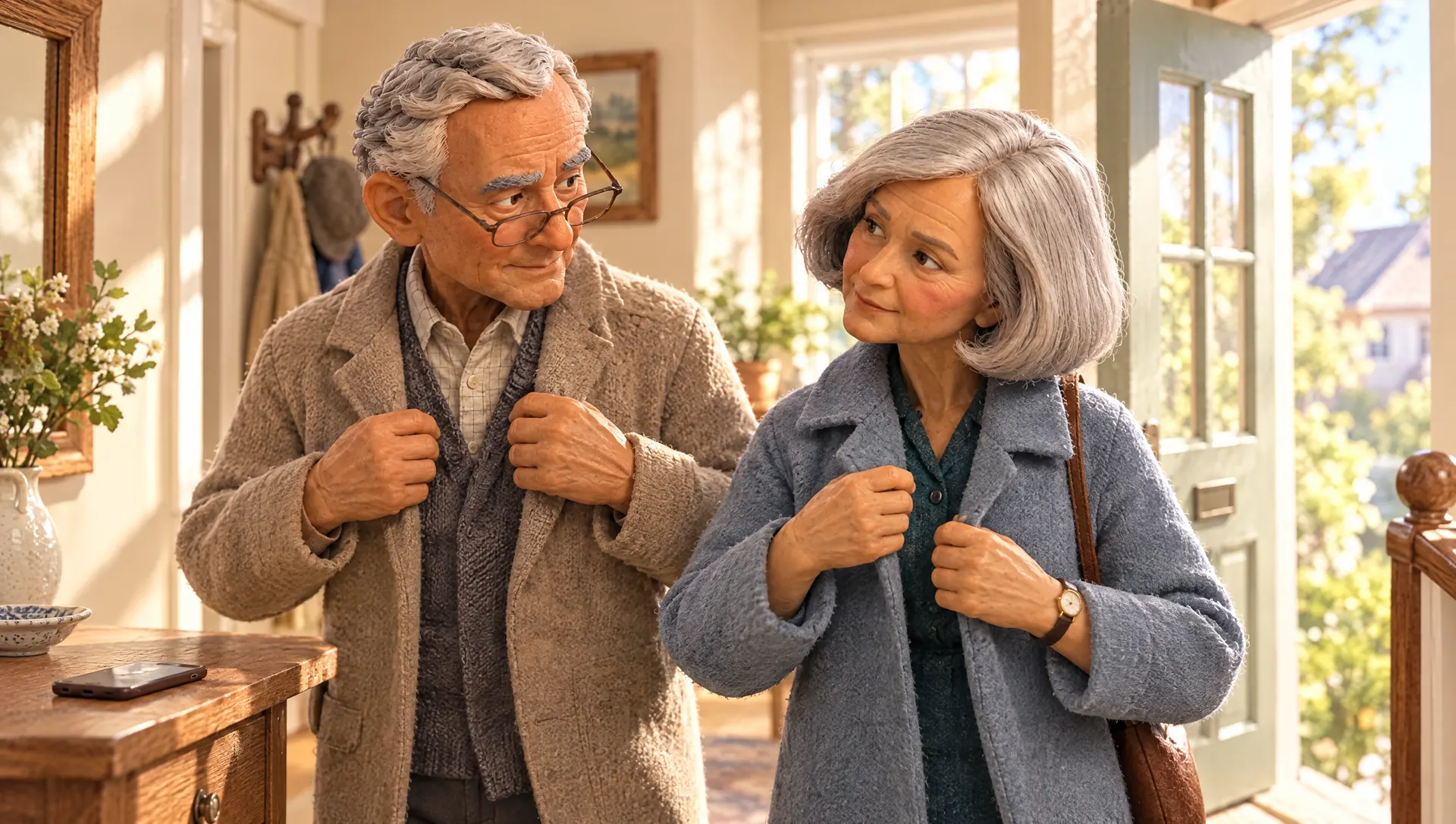 Days pass through the window. One bright morning, George and Margaret put on their coats by the front door.