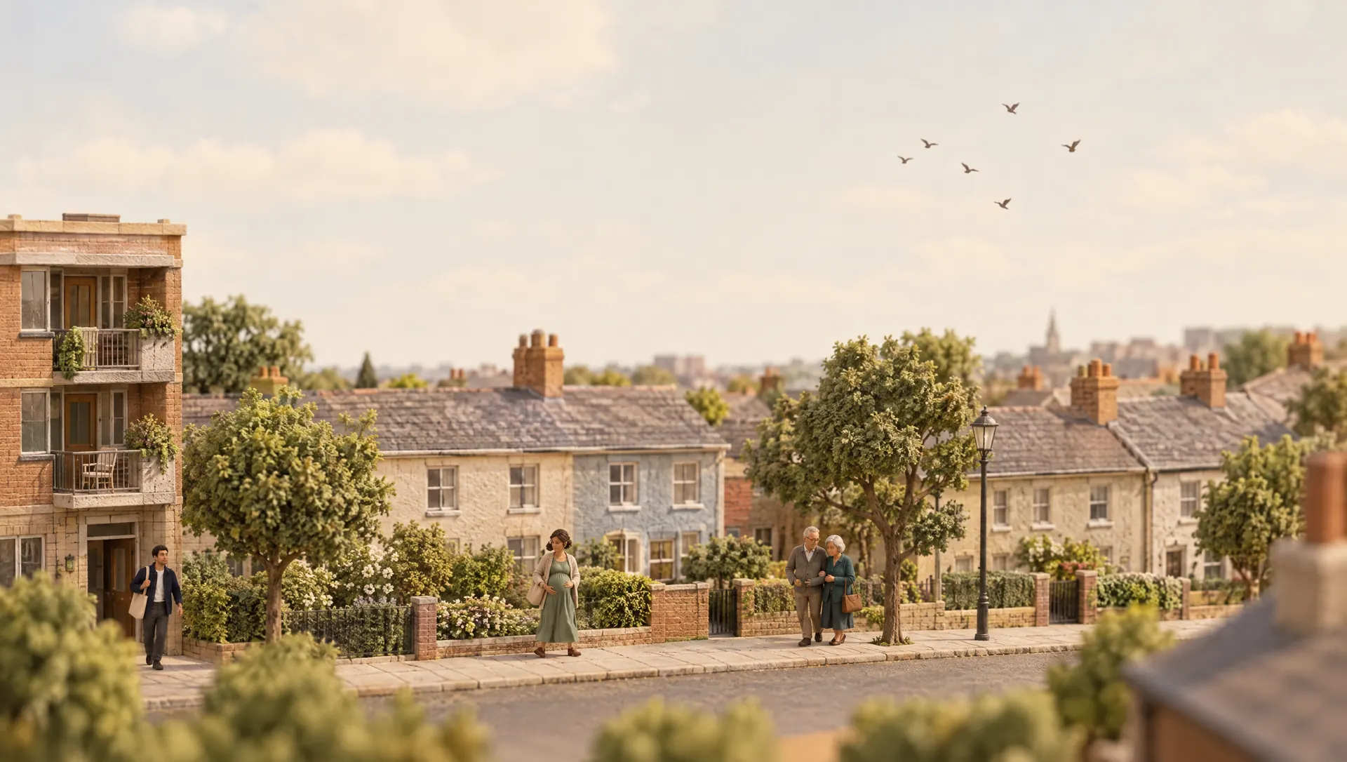 George and Margaret step out of their front door. The camera rises over a miniature street: Daniel leaves his building, Emily walks along the pavement, birds cross a wide morning sky.