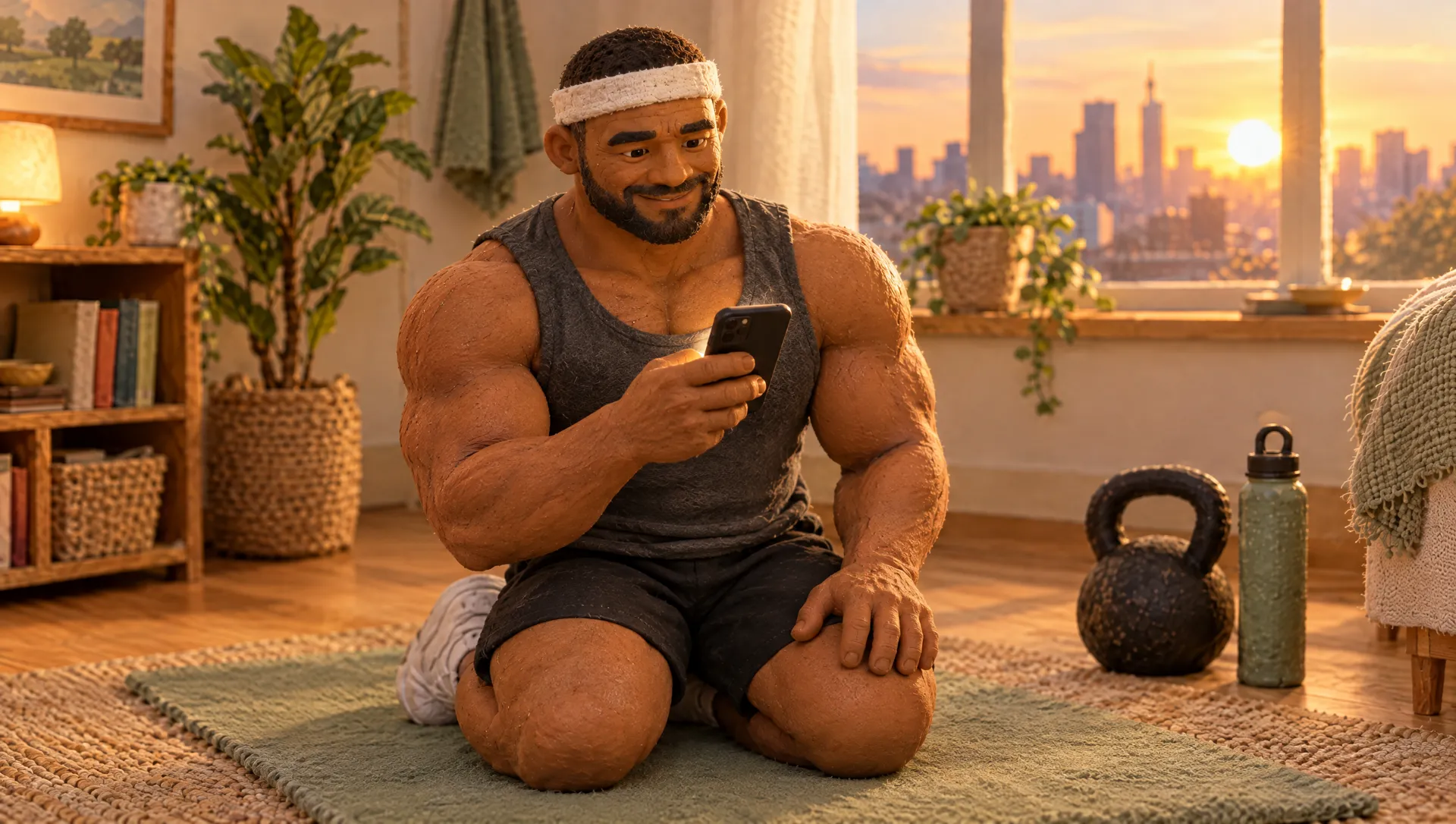 Max finishes his push-ups at sunrise, picks up his phone from the mat and taps it, smiling.