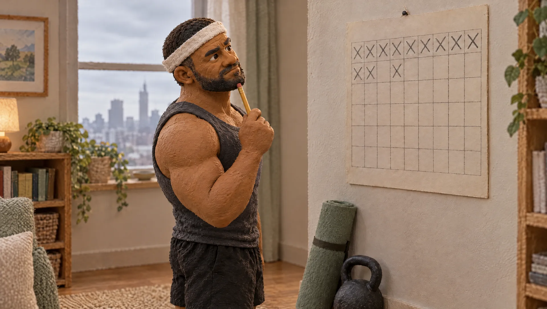 Max, a big friendly man in a gym vest and sweatband, stands at a paper wall calendar whose pencil crosses thin out and stop, tapping the pencil on his chin, unsure which day it is.